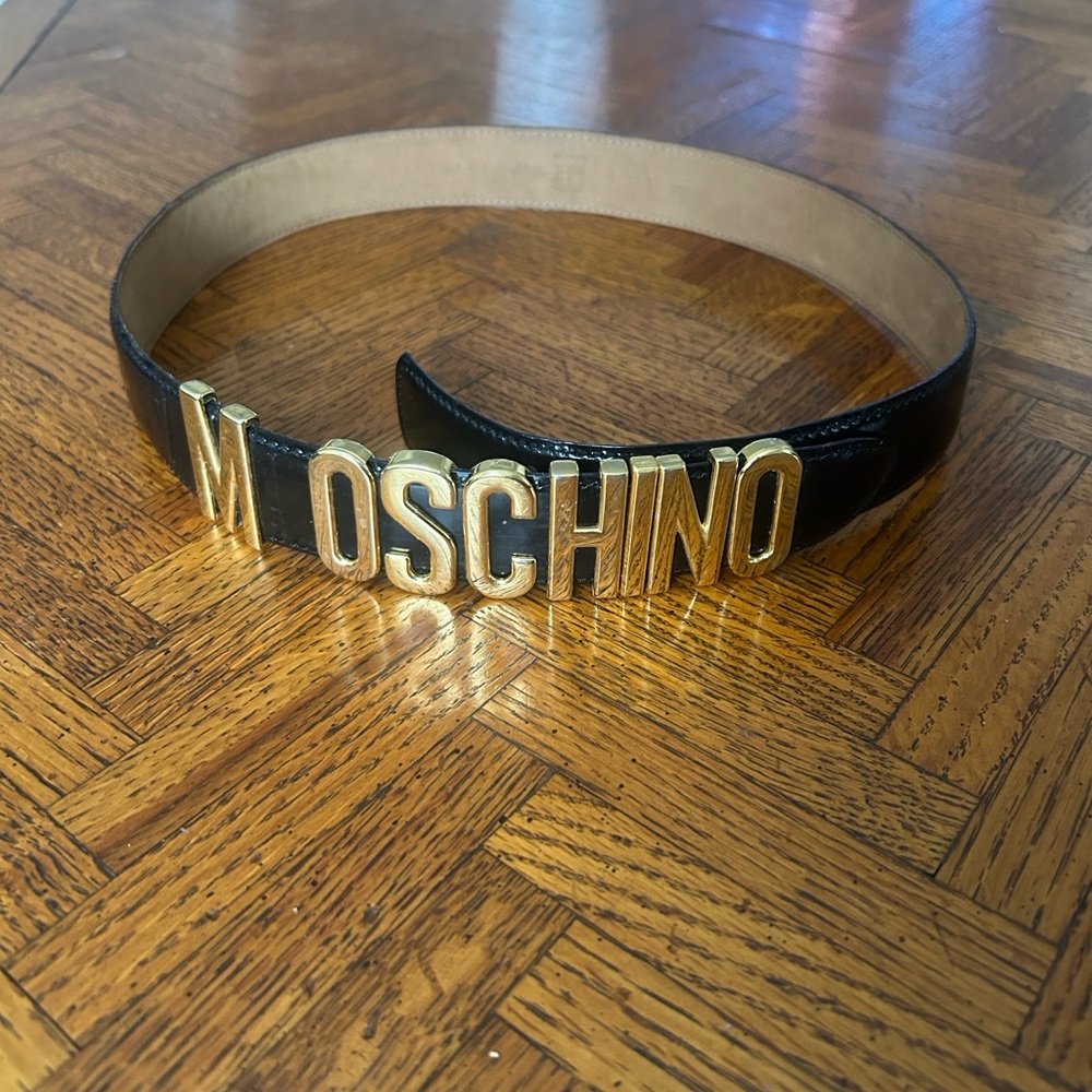 Moschino Black Leather Belt with Gold Letters - Picture 2 of 16